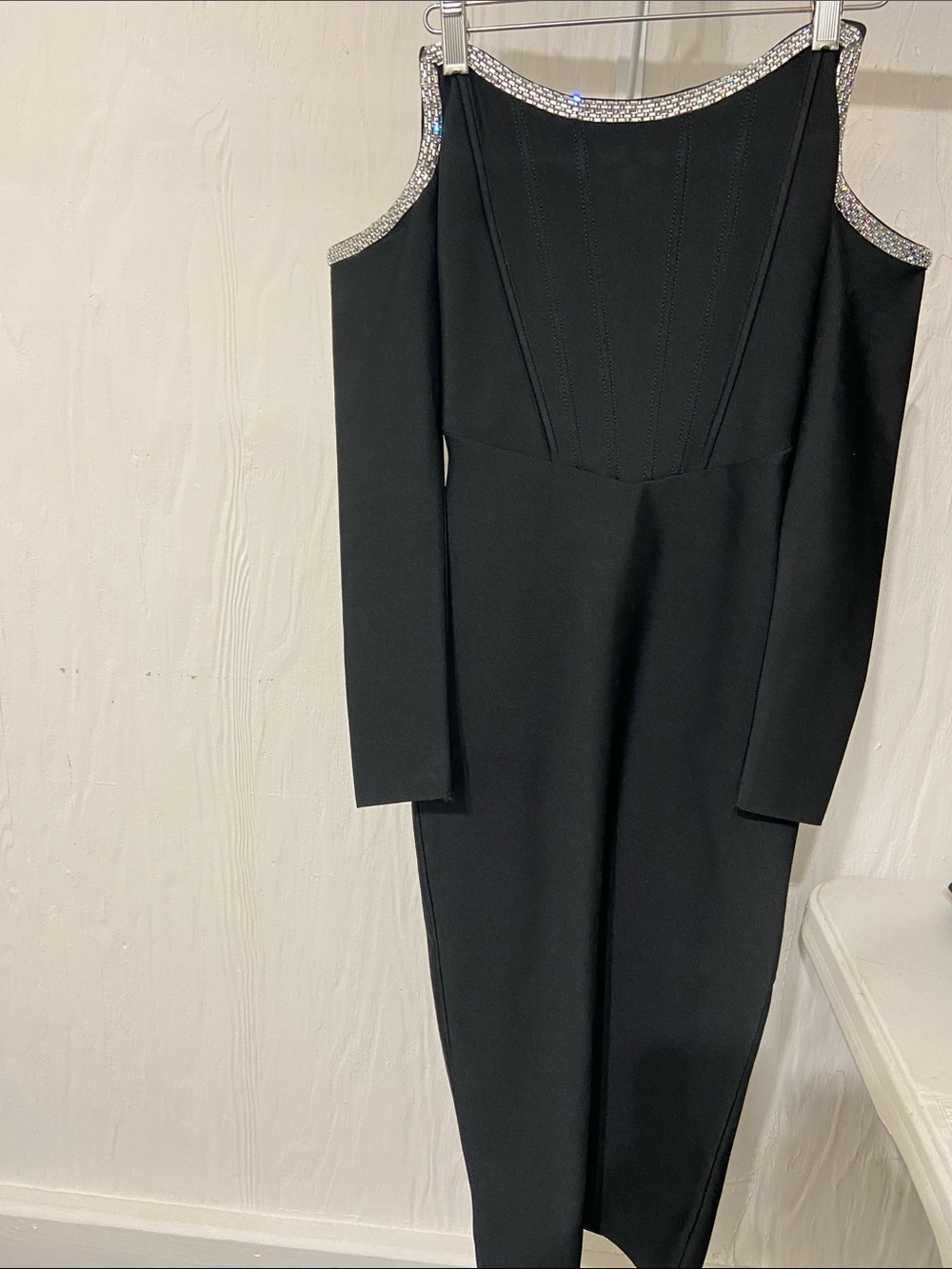 Black Cold-Shoulder Long Sleeve Dress with Crystal Trim